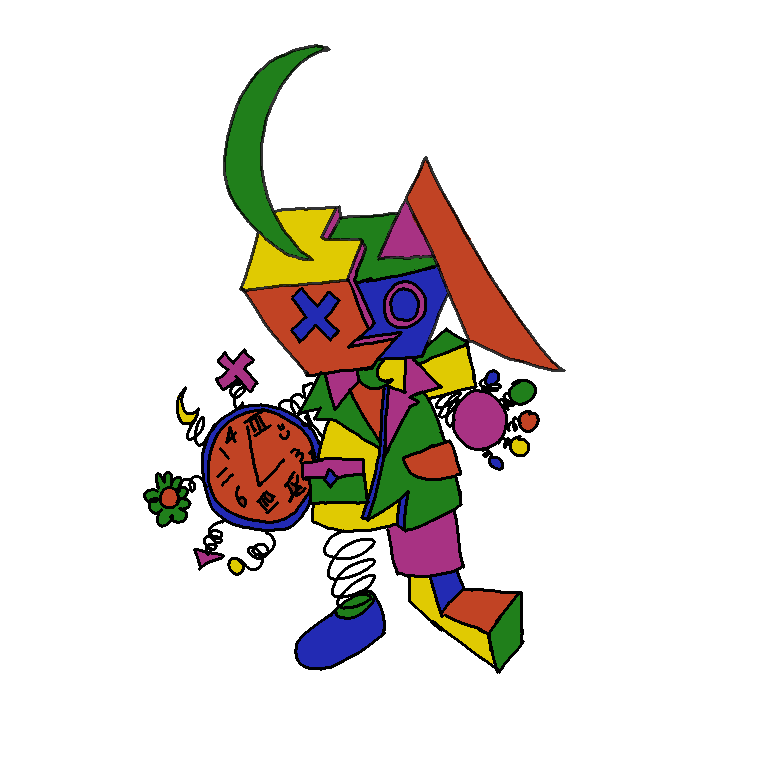 The White Rabbit, a colourful mismatched geometric figure with a clock